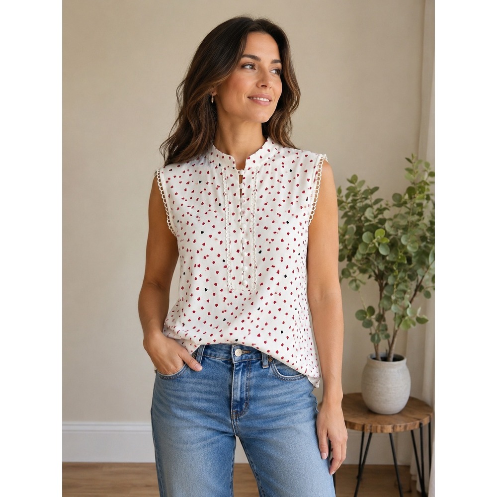 Brooks Brothers Red Fleece Sleeveless Top Women 2 White Heart Print Eyelet Trim